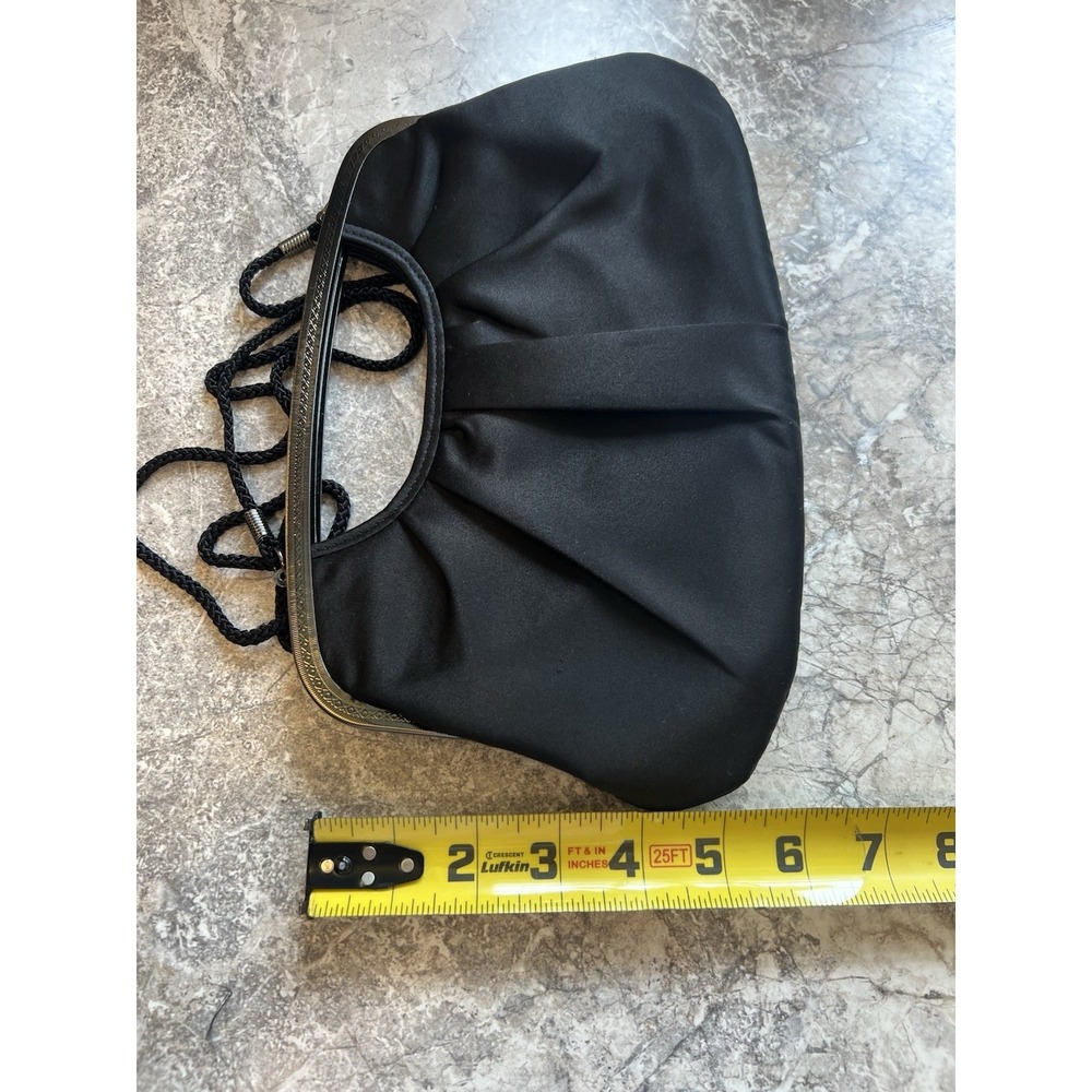 Kate Landry Black Satin Evening Clutch Purse Shoulder Bag Silver Frame - Picture 11 of 12